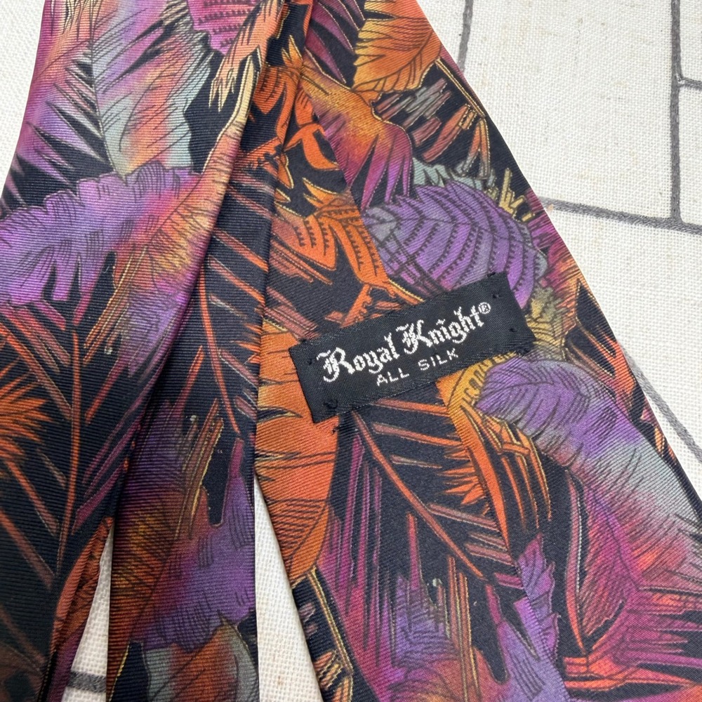 Royal Knight Necktie One Size Purple Orange Tropical Palm Leaf Silk Vintage - Picture 4 of 6